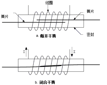 干簧繼電器：電流流經(jīng)線圈而產(chǎn)生磁場(chǎng)，進(jìn)而將兩個(gè)磁簧的觸點(diǎn)拉在一起